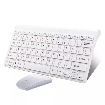 White wireless keyboard with rounded keys and a matching white mouse on a plain background.