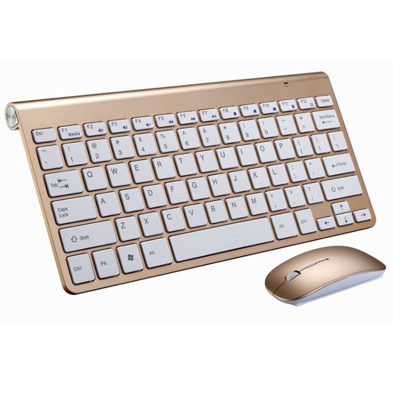 Gold wireless keyboard with white keys and matching mouse on a white background.