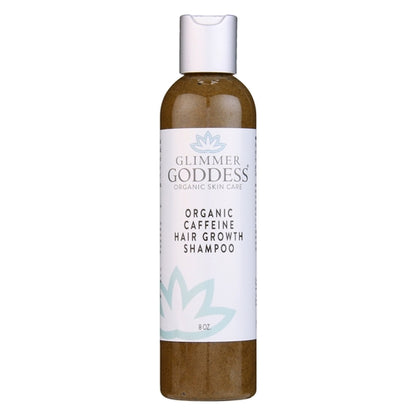 Brown bottle with white cap, labeled "Organic Caffeine Hair Growth Shampoo", 8 oz.