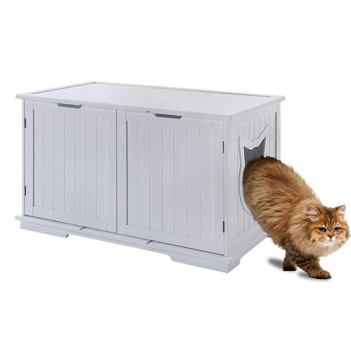 White wooden cabinet with vertical grooves and a cat-shaped entrance, a fluffy brown cat exiting.