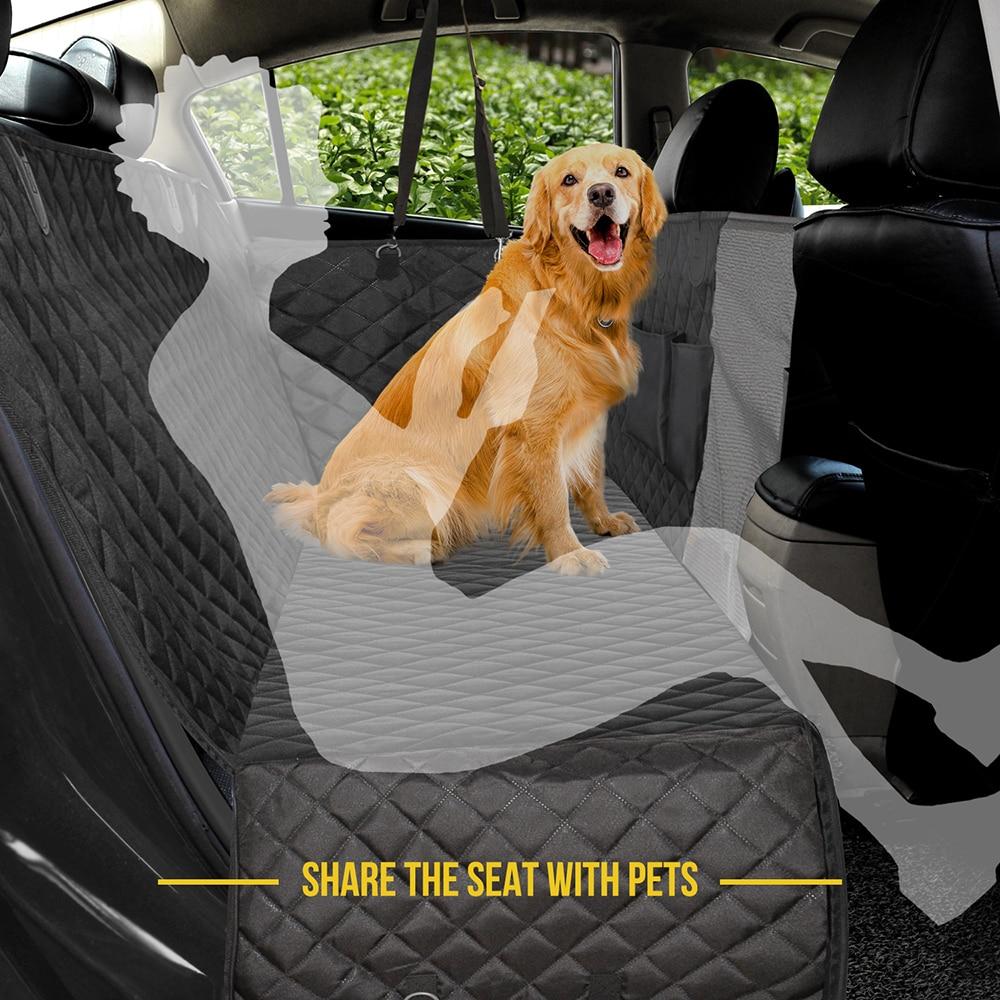 Golden retriever on quilted black car seat cover, greenery outside, text: "Share the seat with pets."