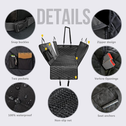 Black quilted car seat cover with snap buckles, pockets, waterproof, non-slip net, and seat anchors.