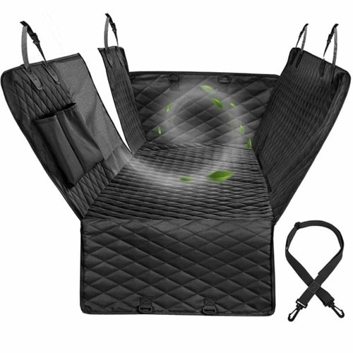 Black quilted car seat cover with green arrows, side pockets, and attached straps.