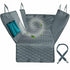 Gray quilted car seat cover with side flaps, teal pocket, and adjustable strap; green leaves added.
