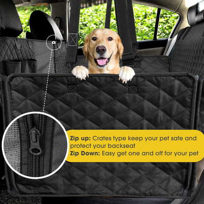 Dog in a quilted black car seat cover with yellow text detailing zipper features.