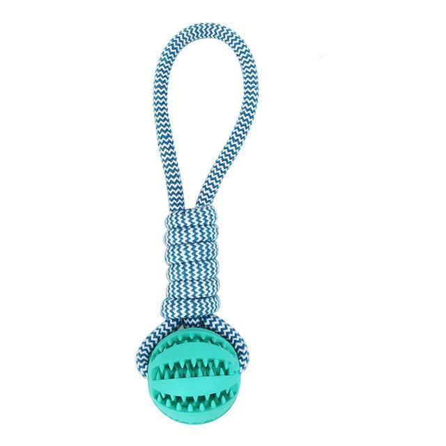 Blue and white zigzag rope toy with a turquoise spiked ball at the base.