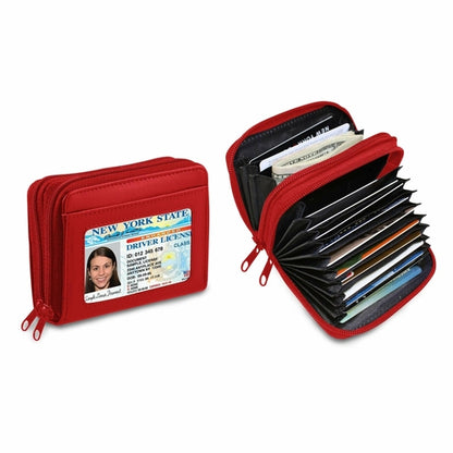 Red zippered wallet with a plastic ID slot and multiple accordion-style card slots.