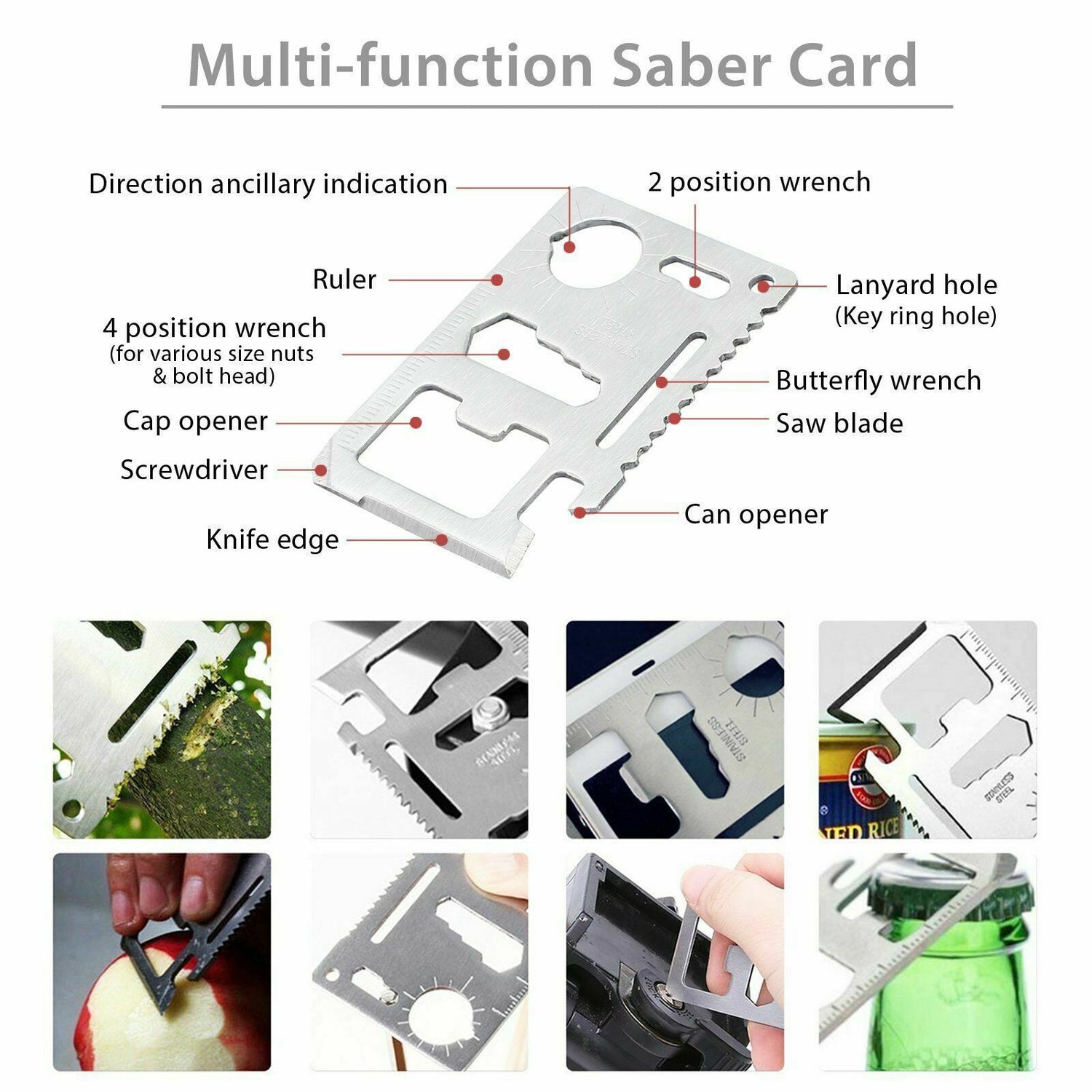 Multi-function card tool with saw, knife, bottle opener, wrench, and screwdriver; silver color.