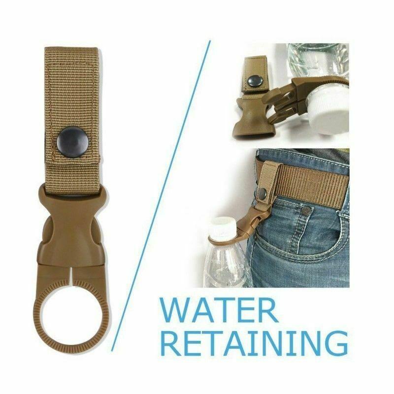 Brown strap bottle holder attached to jeans, showing a plastic bottle hanging securely.
