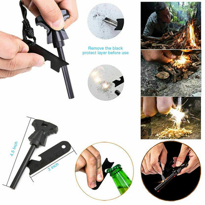 Black fire starter tool being used to create sparks, light fires, and open bottles.