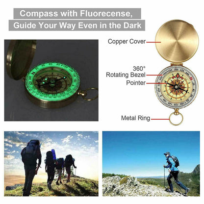 Glowing compass with copper cover, hikers on a sunny trail.