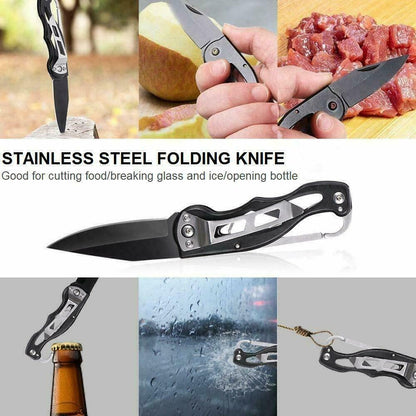 Stainless steel folding knife used for cutting, bottle opening, and breaking ice and glass.