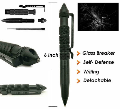 Black tactical pen with knurled grip, clip, glass breaker tip, and writing feature; 6 inches long.