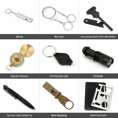 A grid of survival tools including a whistle, wire saw, compass, LED light, and flashlight.