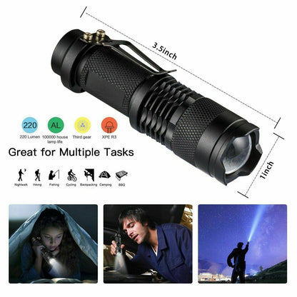 Black flashlight, 3.5 inches long, 220 lumen with textured grip; suitable for various tasks.