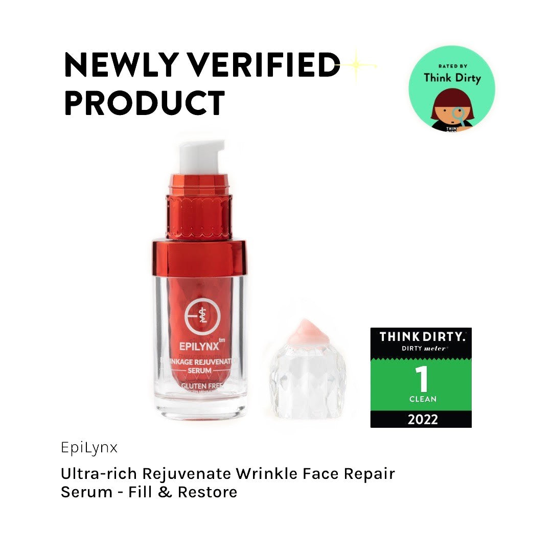 Red serum bottle with clear cap, "Newly Verified" text, and green "Think Dirty" 2022 badge.
