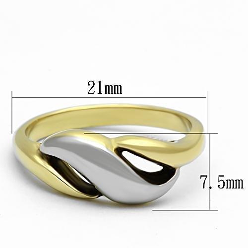 Gold and silver twisted ring with measurements: 21mm wide and 7.5mm thick.