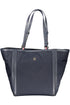 Dark blue tote bag with adjustable straps, stitched edges, and a small gold logo on the front.