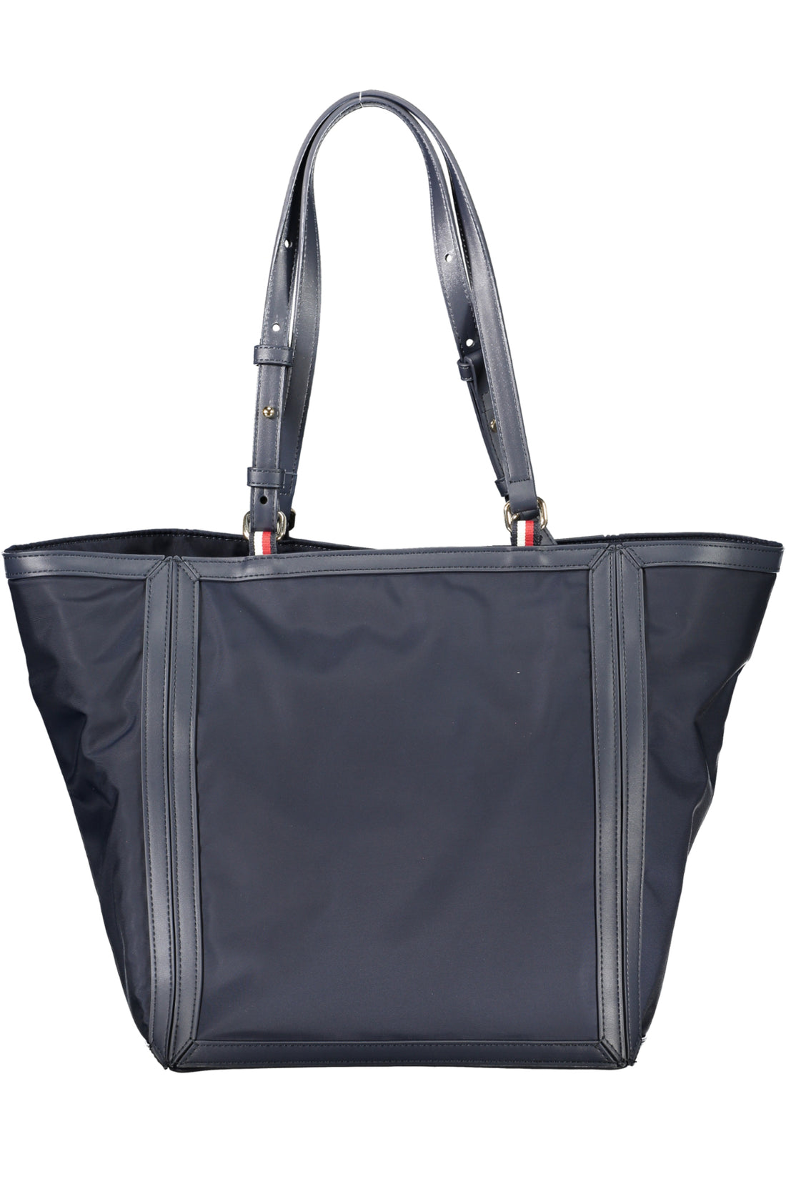 Dark navy tote bag with leather straps and stitching details.