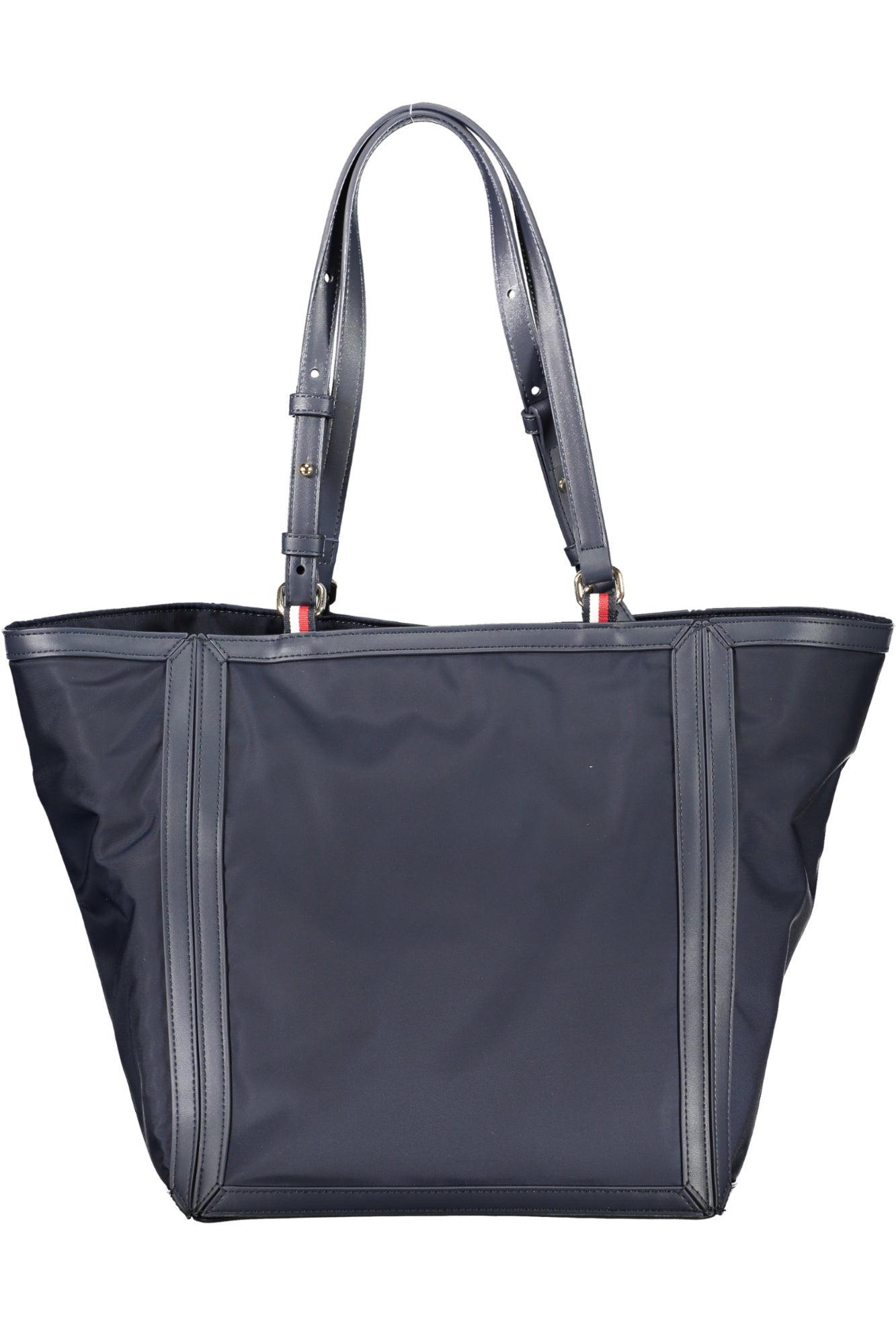 Dark navy tote bag with leather straps and stitching details.