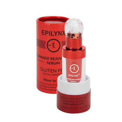 Red and white skincare serum container with a clear cap, next to a matching cylindrical box.
