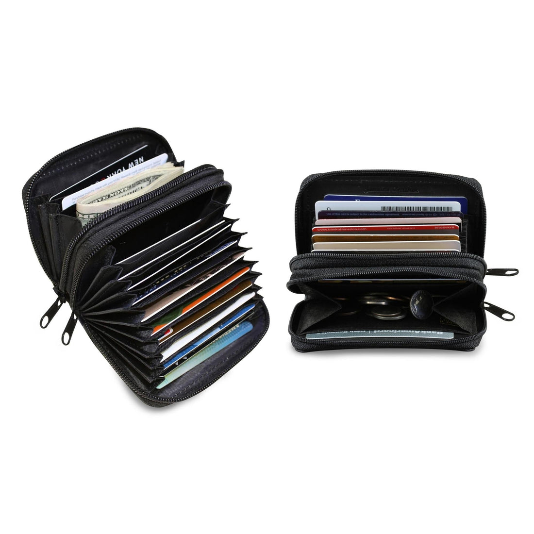 Two black zip wallets open, revealing cards and coins, with organized compartments and zippers.
