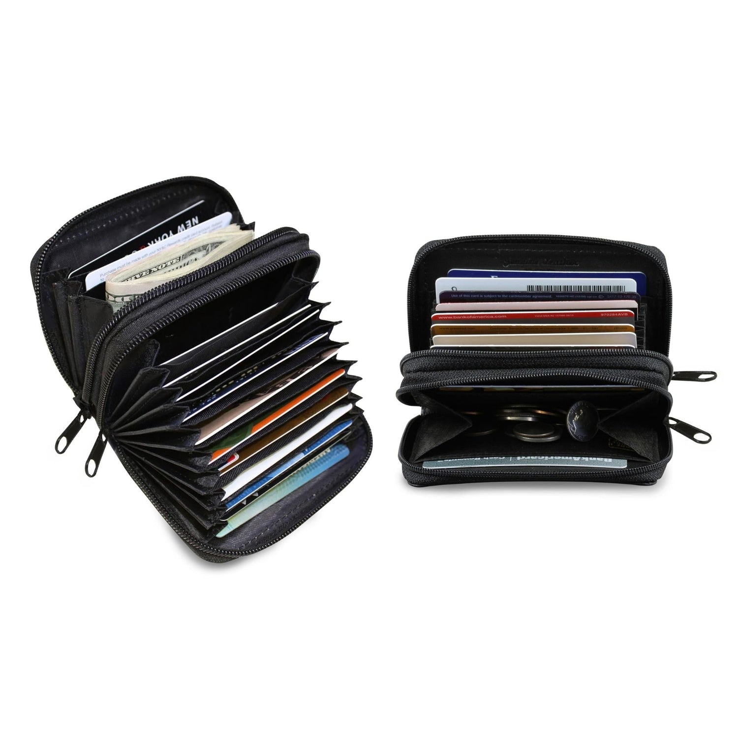 Two black zip wallets open, revealing cards and coins, with organized compartments and zippers.