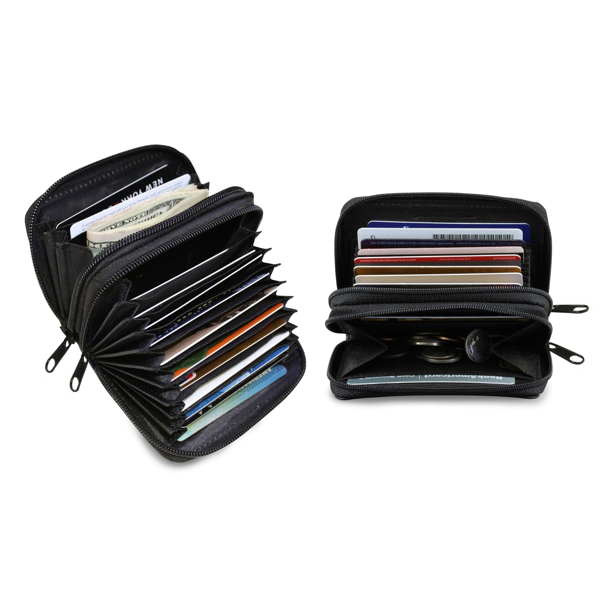 Two black zip wallets open, revealing cards and coins, with organized compartments and zippers.