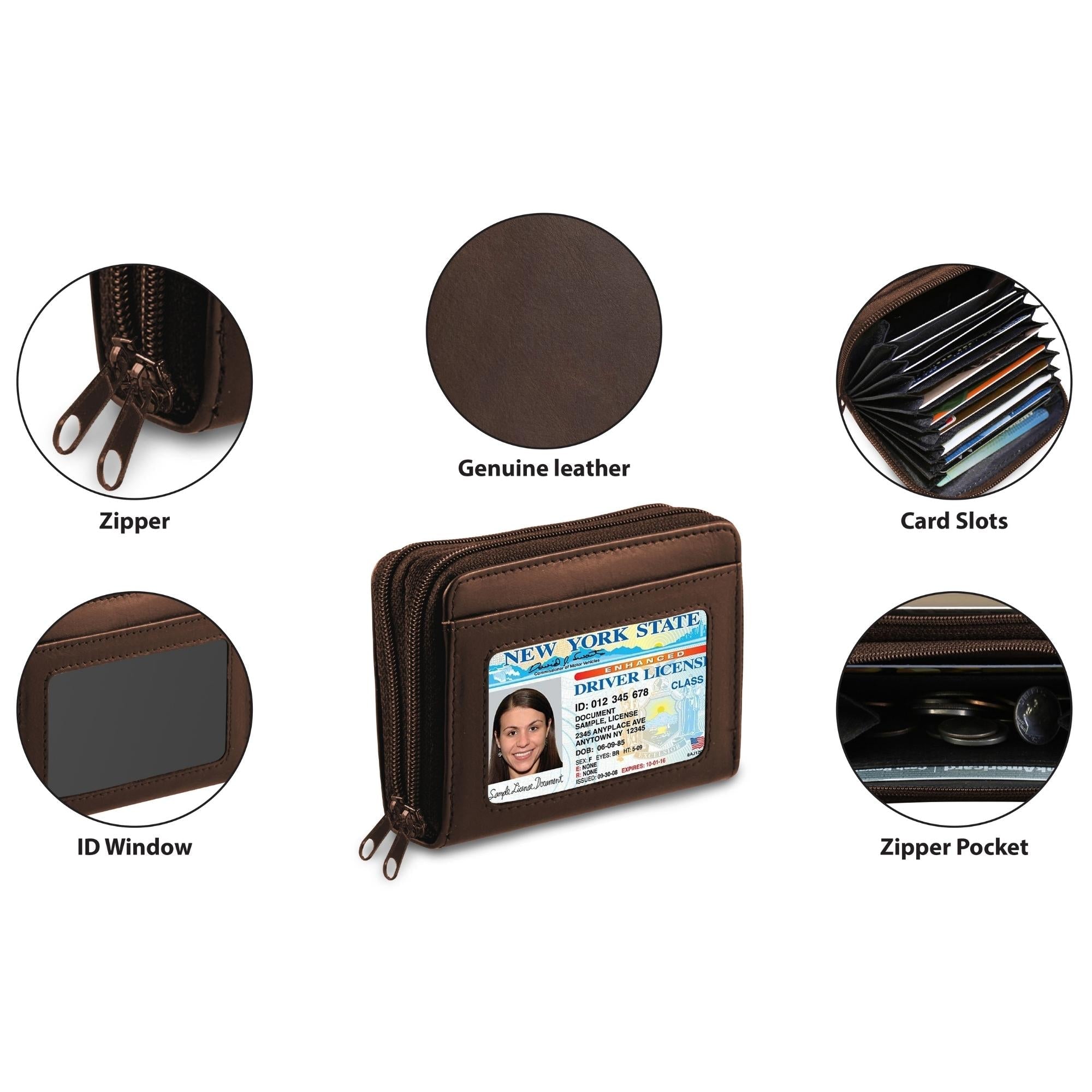 Brown leather wallet with zipper, ID window, card slots, and a zippered coin pocket.