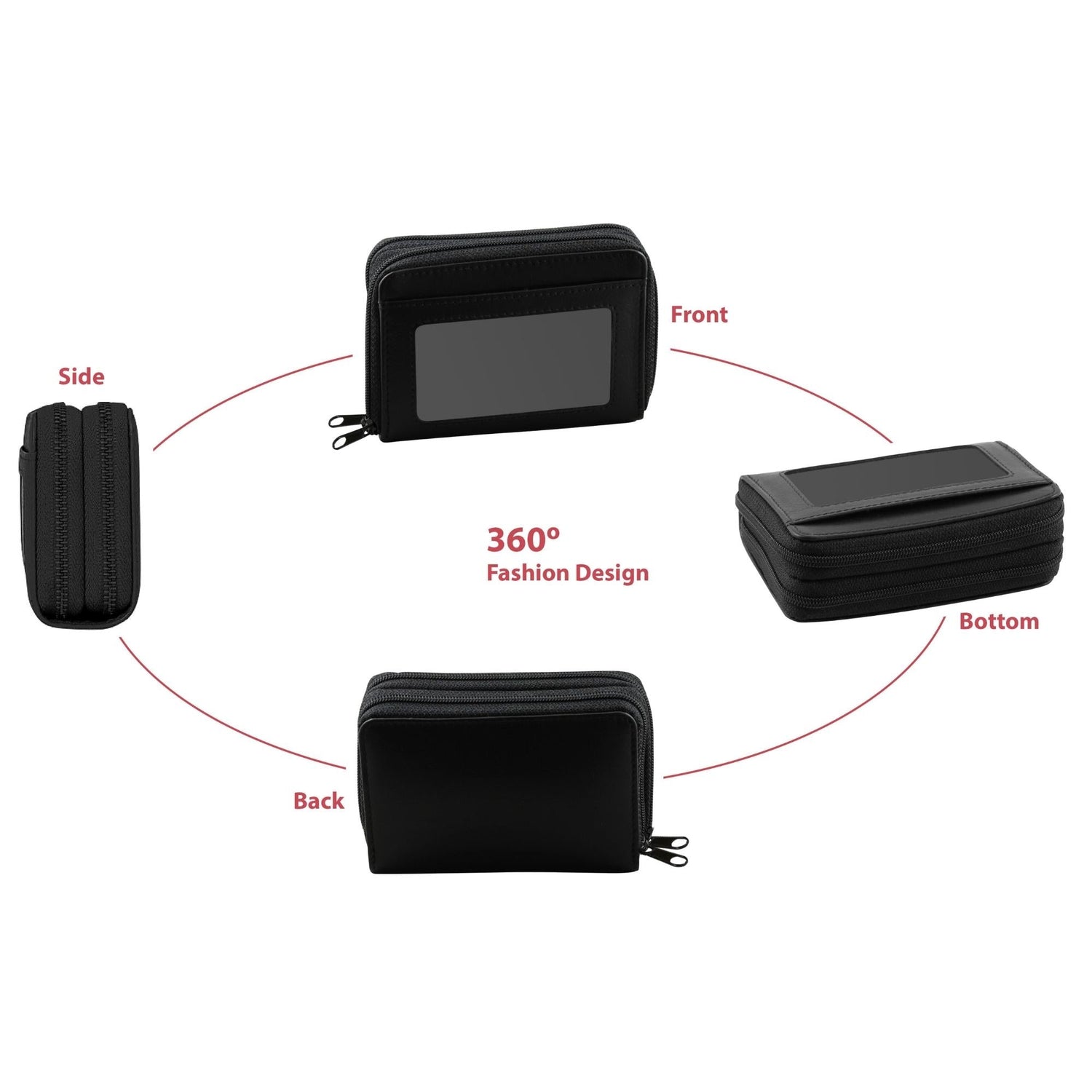 Black rectangular wallet with zippers, shown from multiple angles: front, side, back, and bottom.