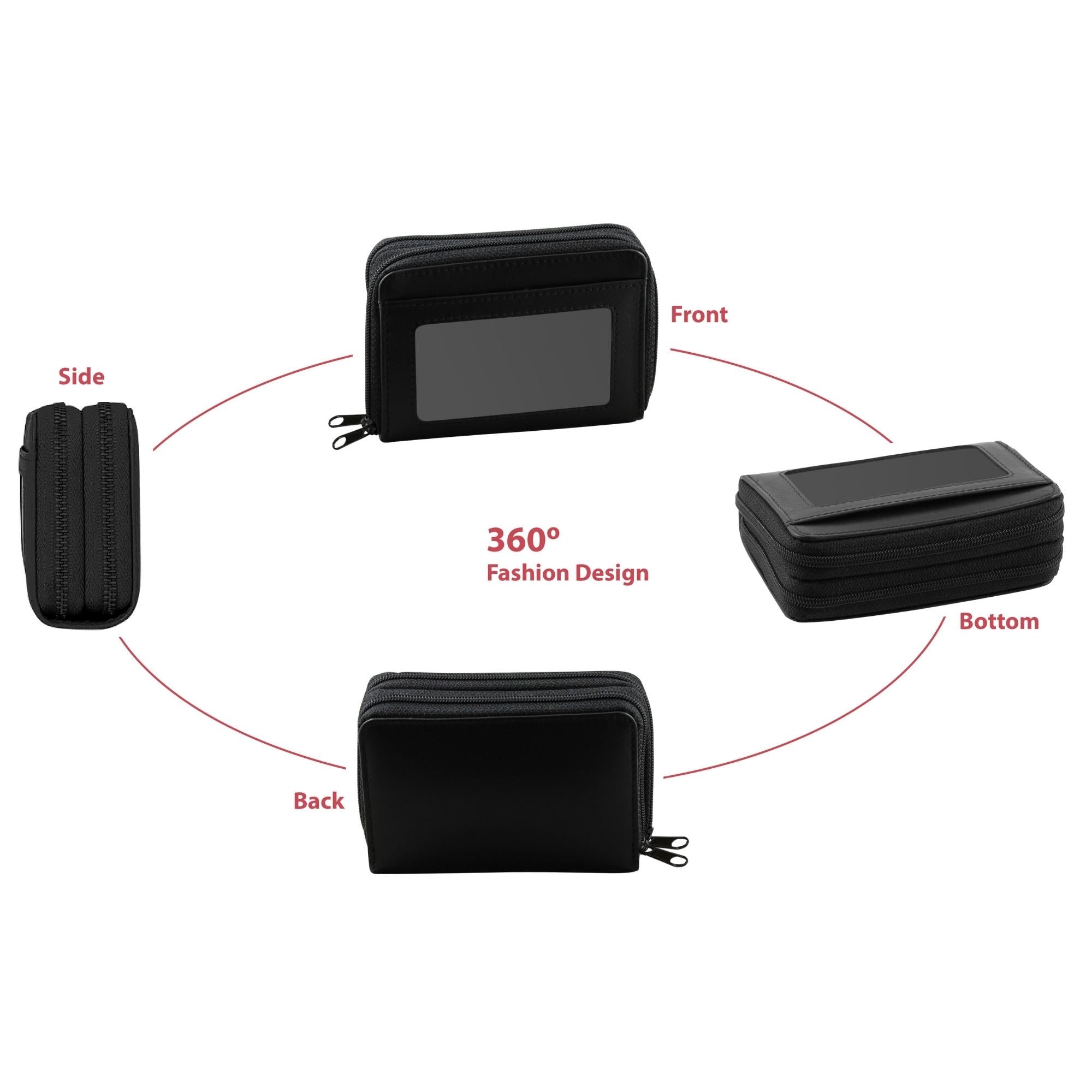Black rectangular wallet with zippers, shown from multiple angles: front, side, back, and bottom.