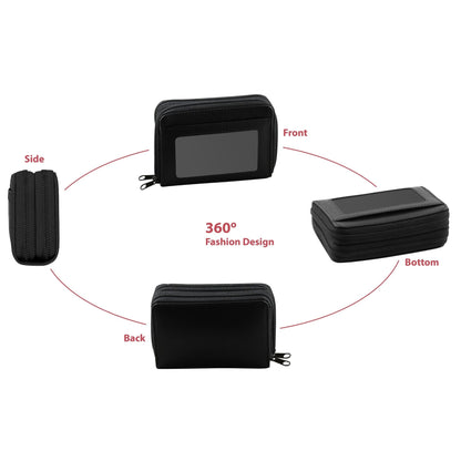 Black rectangular wallet with zippers, shown from multiple angles: front, side, back, and bottom.