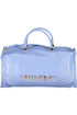 Light blue handbag with gold "Valentino" text and handles; shiny and rectangular.