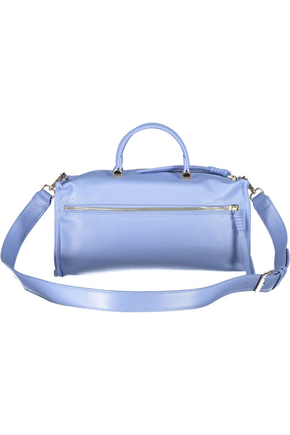 Light blue leather duffel bag with silver zippers and adjustable shoulder strap.