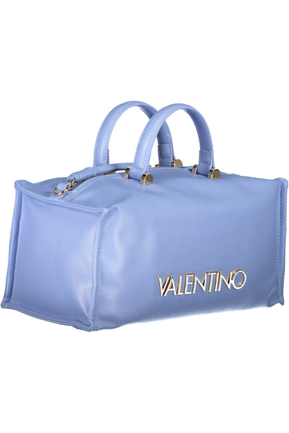 Light blue handbag with double handles and gold metallic logo on the side.