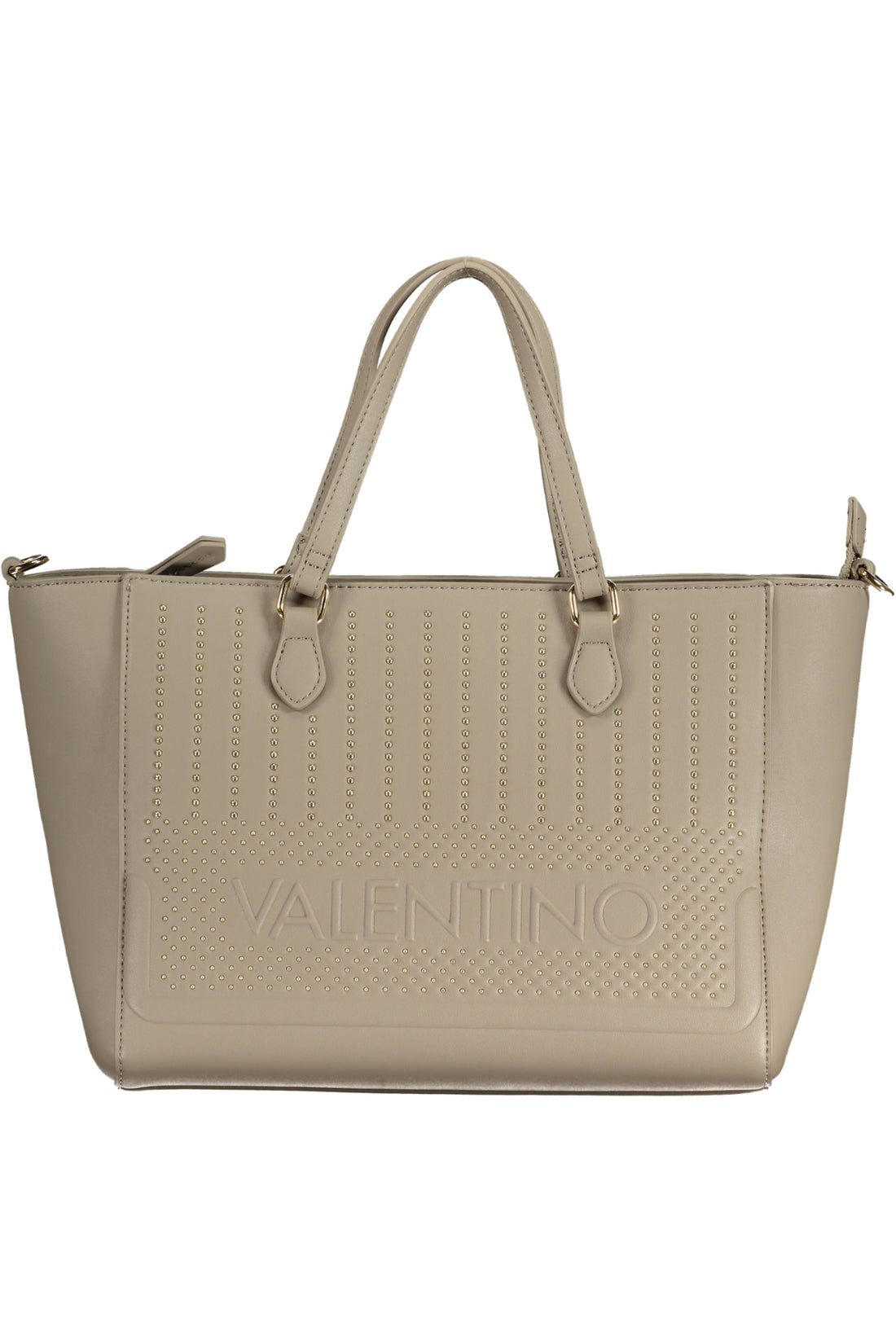 Beige handbag with dual handles, embossed text, and studded vertical patterns.