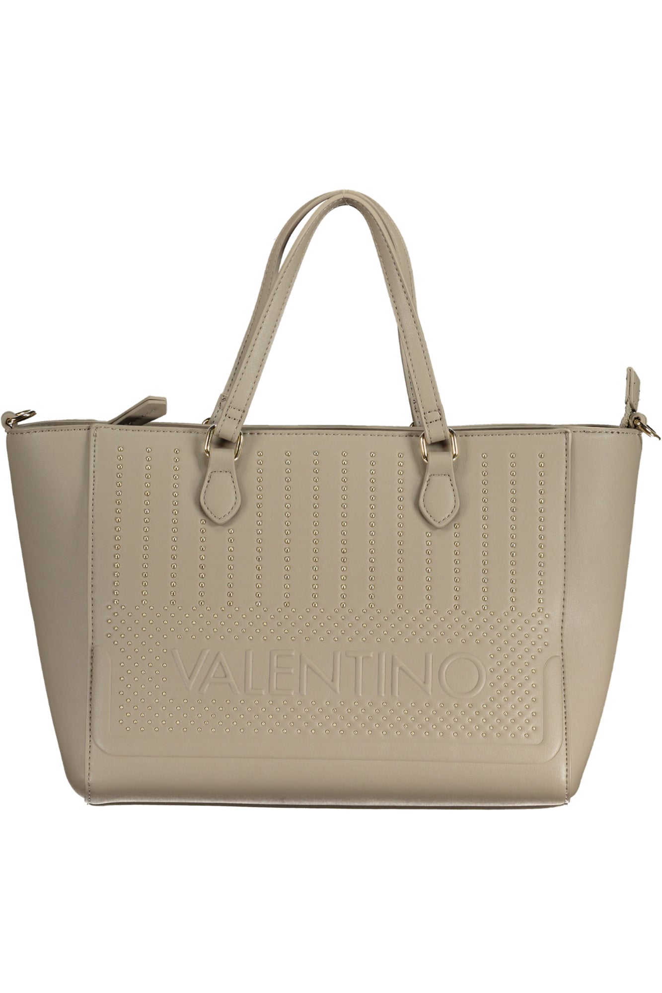 Beige handbag with dual handles, embossed text, and studded vertical patterns.