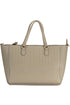 Beige handbag with dual handles, embossed text, and studded vertical patterns.