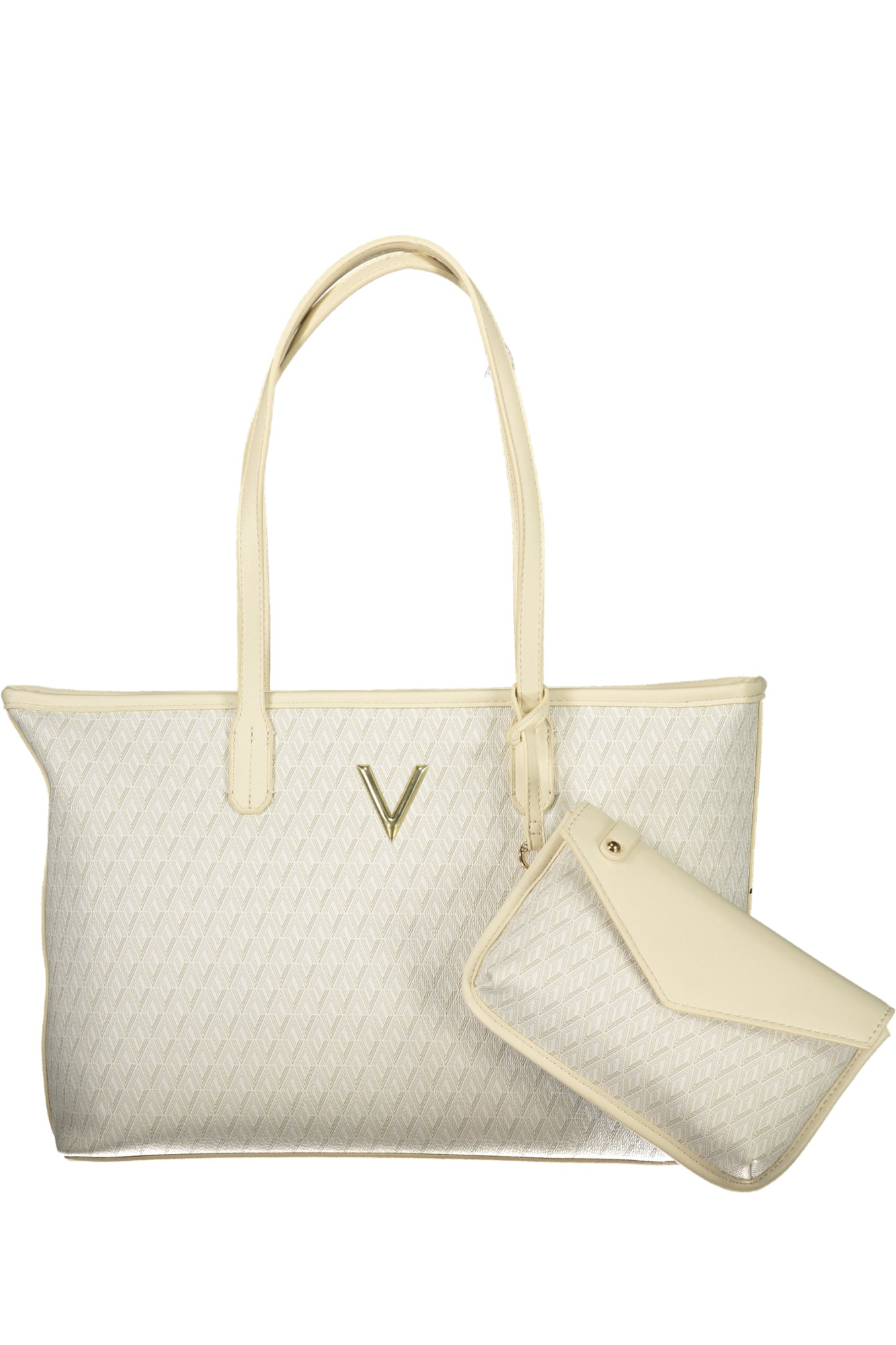 Cream tote bag with diamond pattern, gold "V" logo, matching clutch attached.