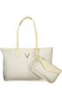Cream tote bag with diamond pattern, gold "V" logo, matching clutch attached.