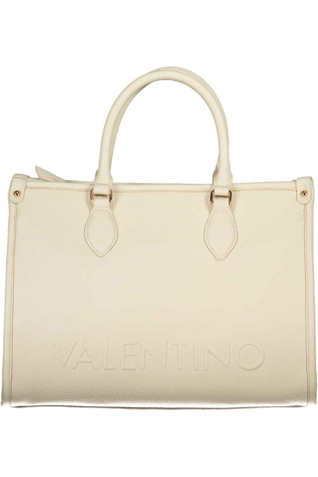 Cream leather handbag with embossed "Valentino" text and gold-tone hardware. Two handles.