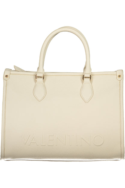 Cream leather handbag with embossed "Valentino" text and gold-tone hardware. Two handles.