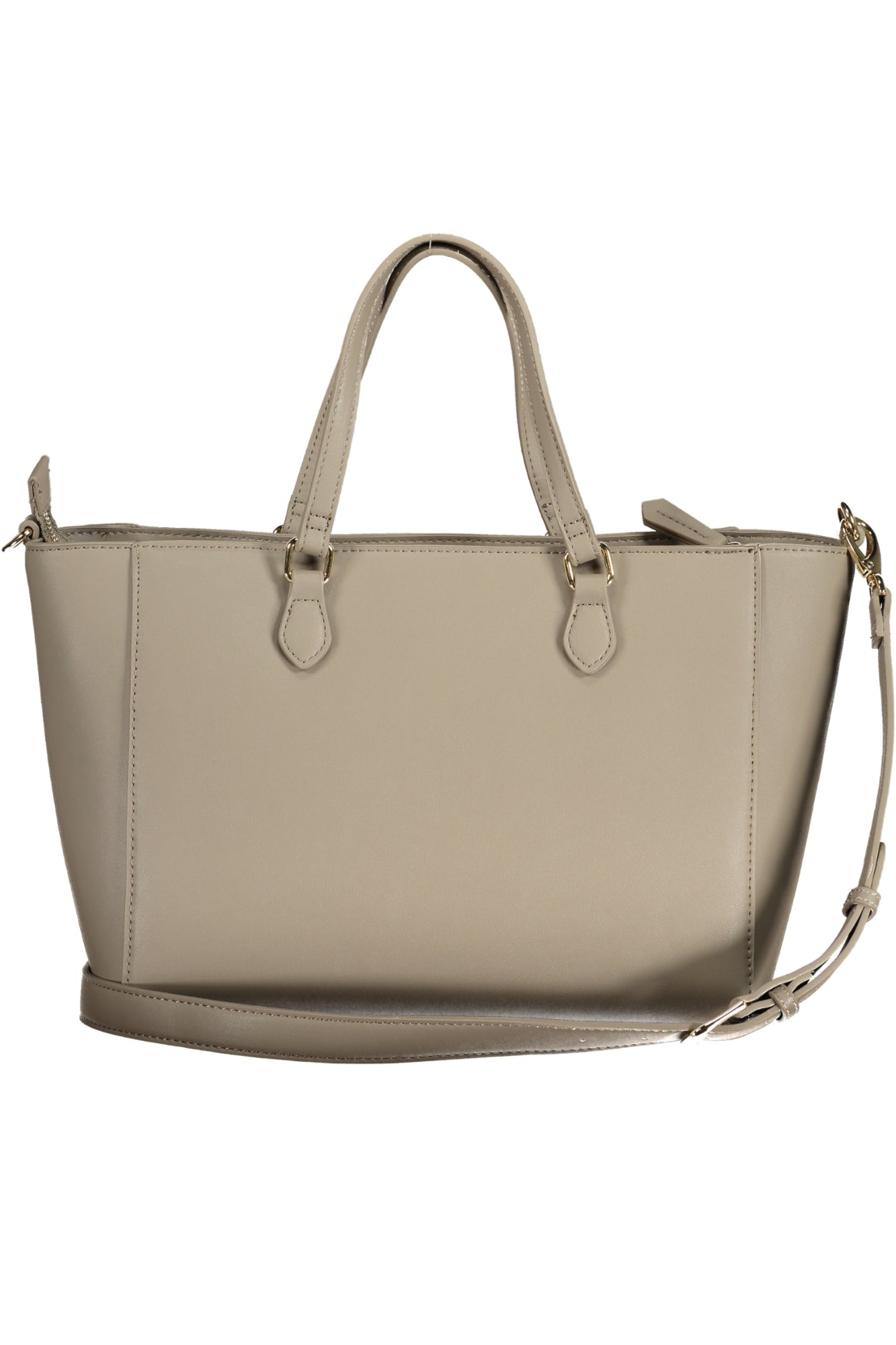 Beige leather handbag with short handles and a detachable shoulder strap.