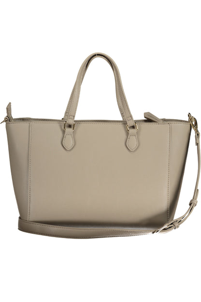 Beige leather handbag with short handles and a detachable shoulder strap.