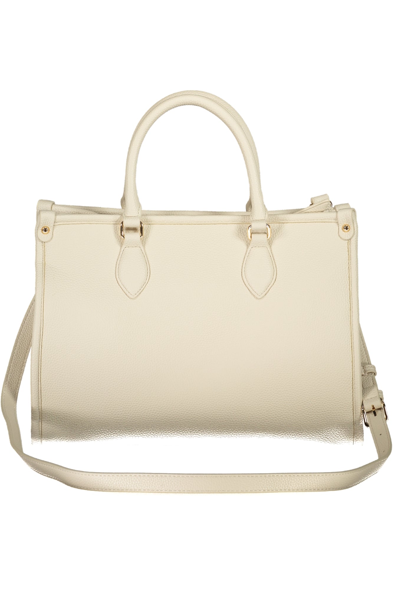 Cream-colored handbag with textured leather, dual handles, and a detachable strap.