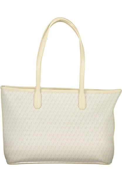 Cream tote bag with diamond pattern, dual handles, and a light beige trim.