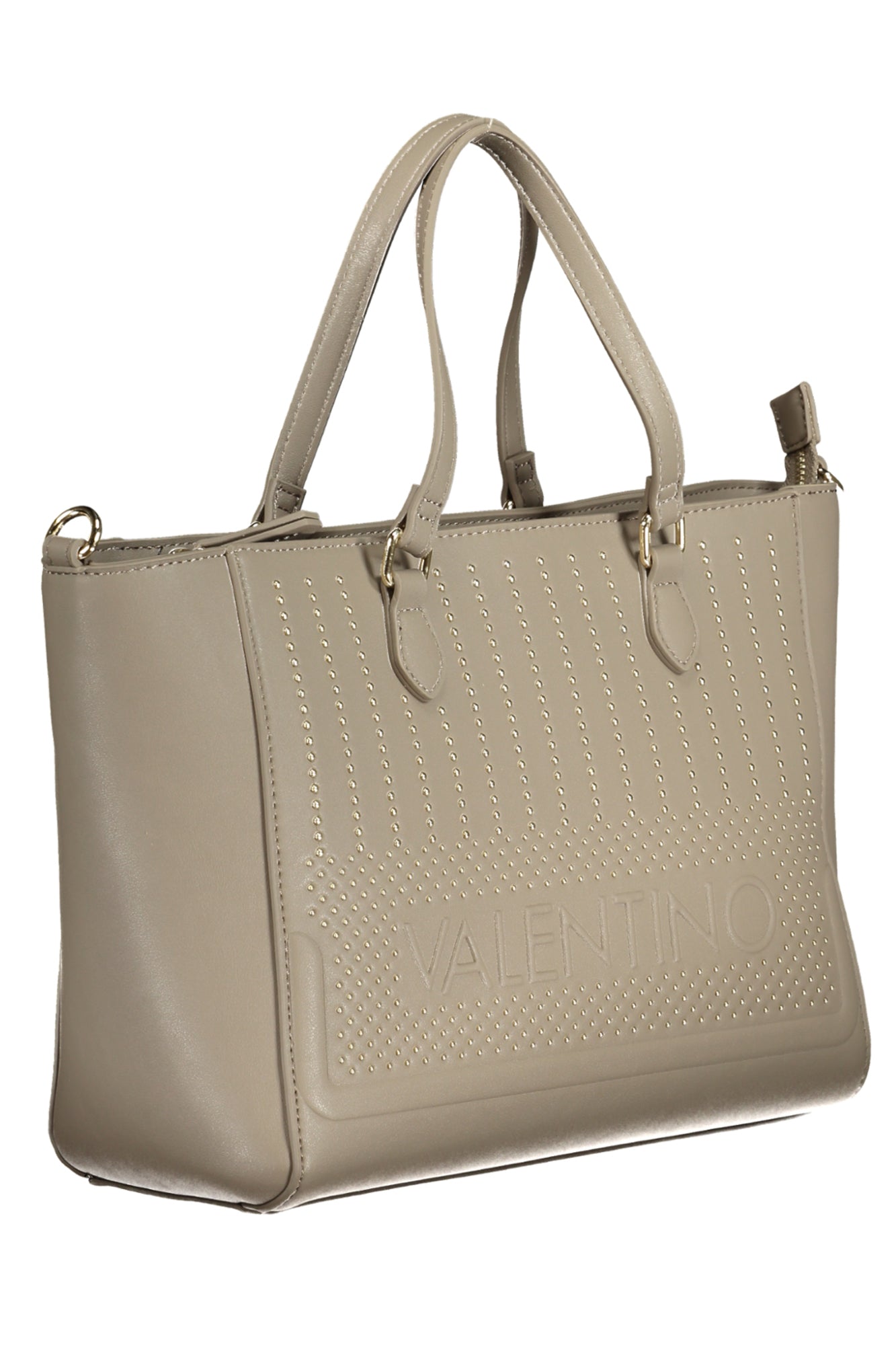 Beige handbag with stitched lines, gold-tone hardware, and embossed "Valentino" logo.