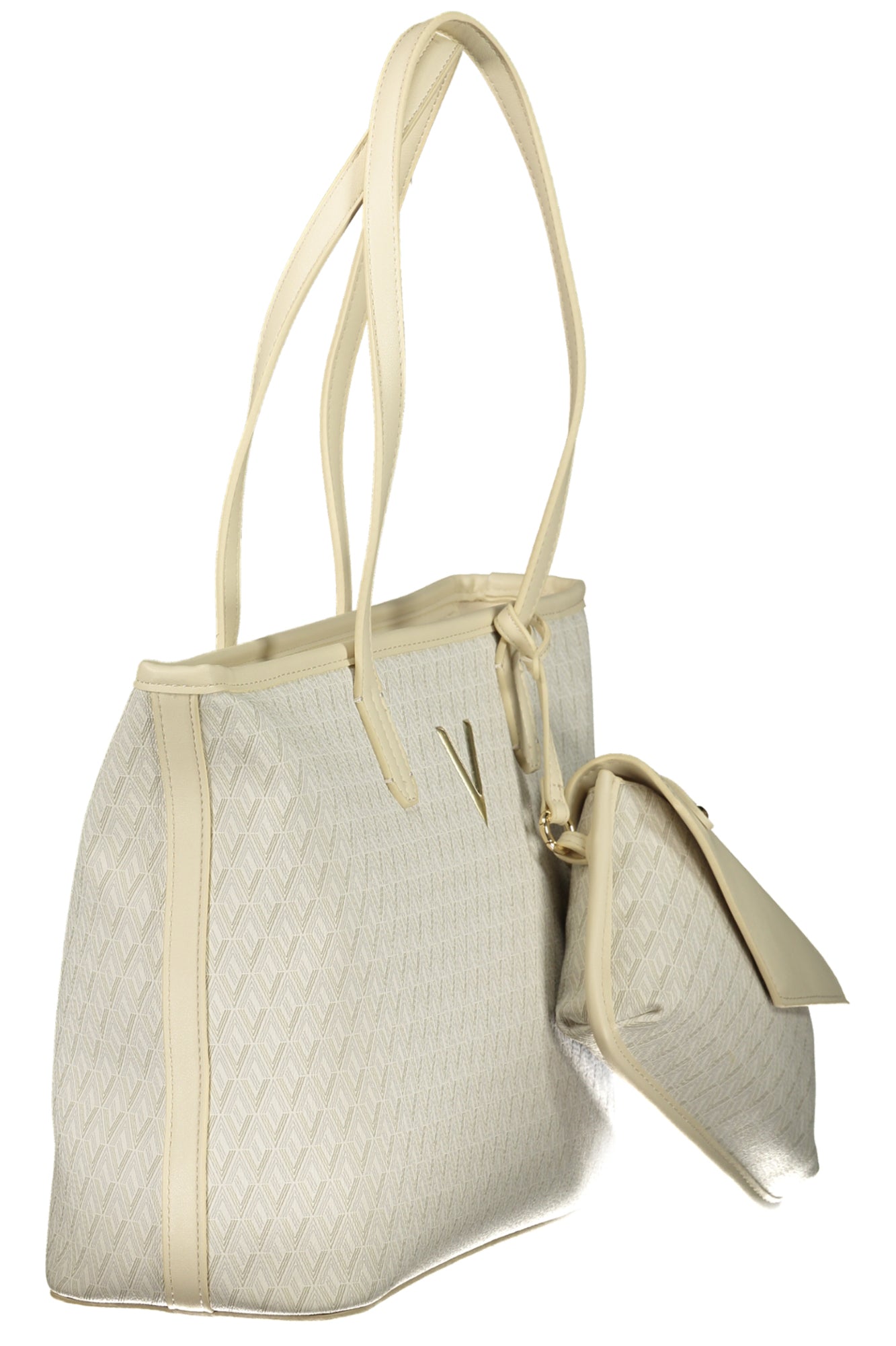 Cream-colored tote bag with diamond pattern, long handles, and attached matching pouch.