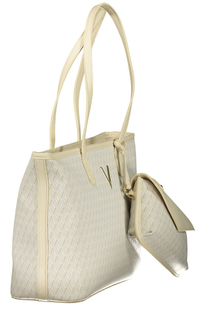 Cream-colored tote bag with diamond pattern, long handles, and attached matching pouch.