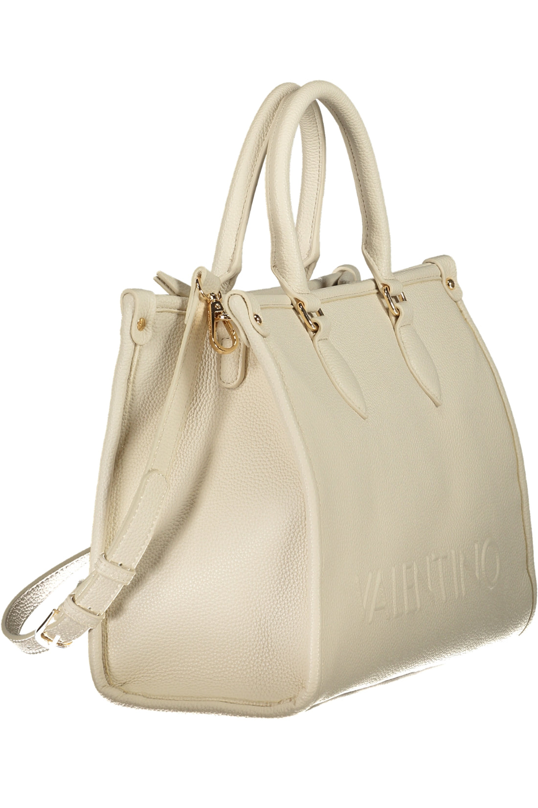 Cream leather handbag with textured surface, gold hardware, and dual handles.